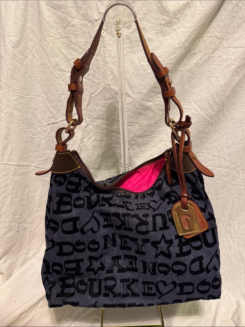 Dooney & Bourke Navy Logo Hobo Bag with Brown Leather Trim and Pink Interior